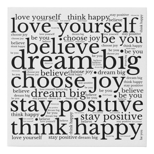 Motivating WordArt Pattern Black Text White Faux Canvas Print (Front)