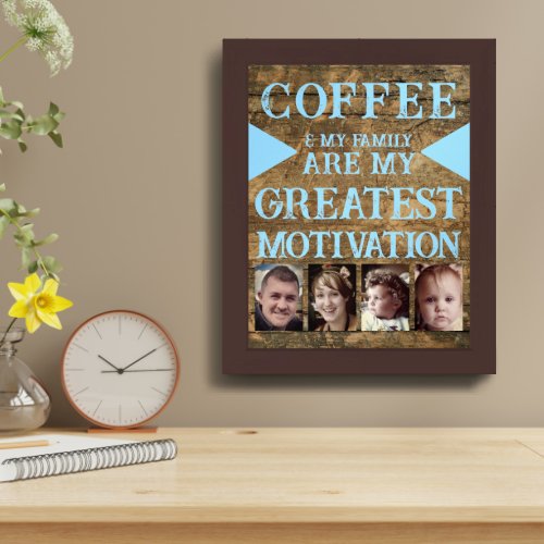 Motivation coffee family 4 photo brown blue framed art