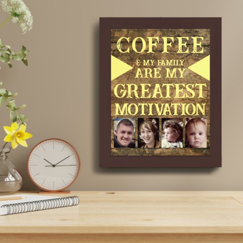 Motivation coffee family 4 photo brown yellow framed art