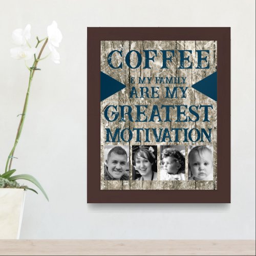 Motivation coffee family 4 photo grey blue framed art