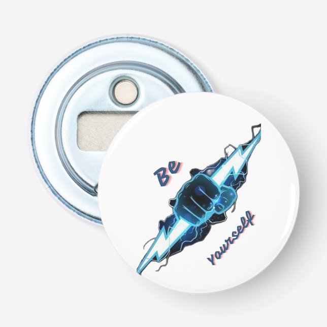 Motivational "Be Yourself" Blue Lightning Bolt Fis Bottle Opener (Front)