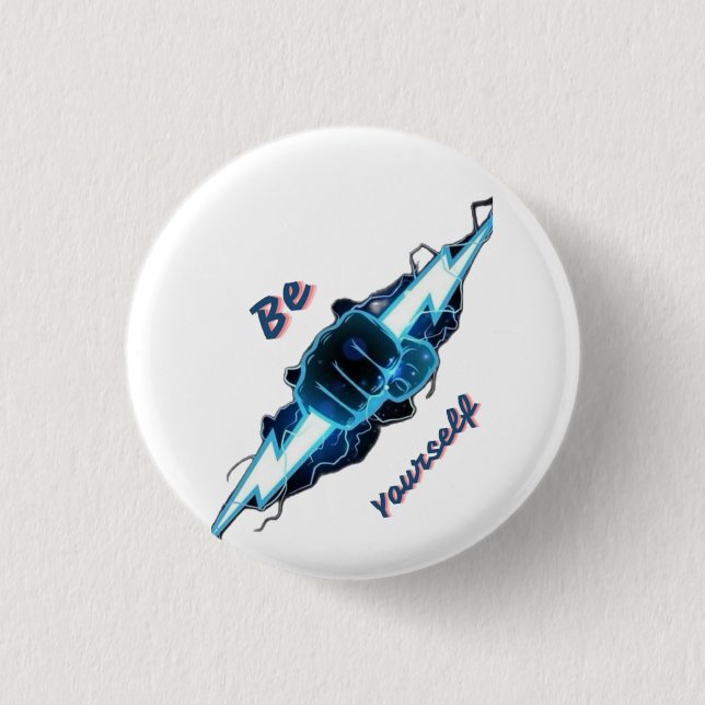 Motivational "Be Yourself" Blue Lightning Bolt Fis Button (Front)