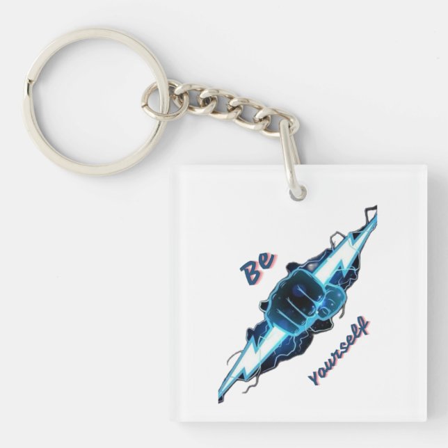 Motivational "Be Yourself" Blue Lightning Bolt Fis Keychain (Front)