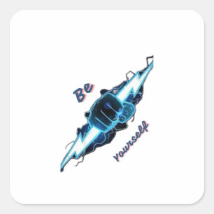Motivational "Be Yourself" Blue Lightning Bolt Fis Square Sticker