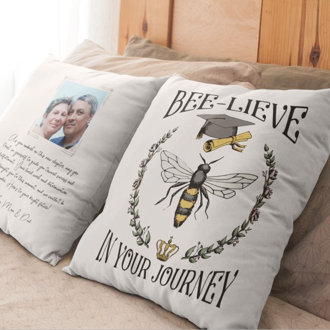 Motivational Bee-lieve in Your Journey Graduate Throw Pillow (Front of pillow features "Bee-lieve in Your Journey" Typography, Queen Bee,Graduation Cap & Scroll)