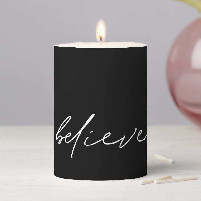 Motivational Believe Handwritten Script Black Pillar Candle (In Situ)