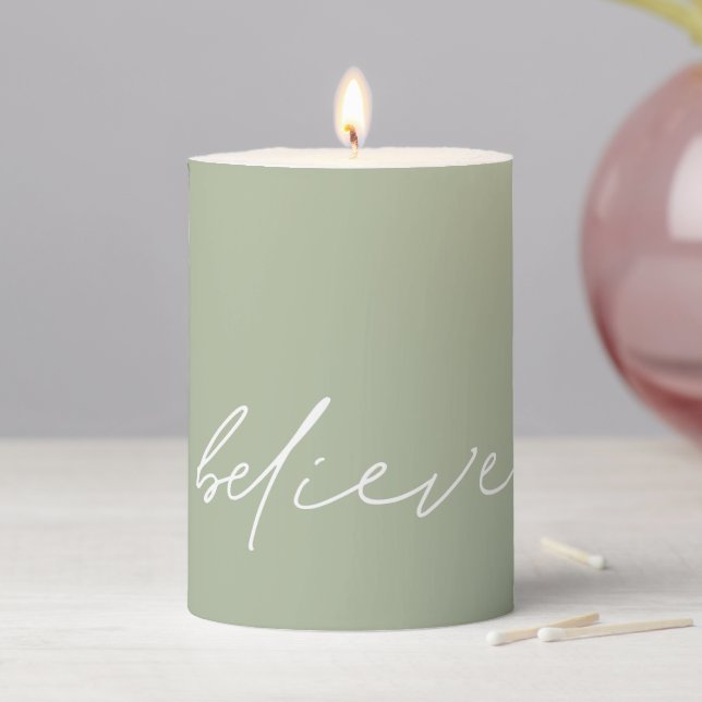 Motivational Believe Handwritten Script Sage Pillar Candle (In Situ)