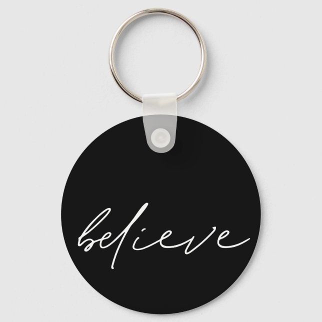 Motivational Believe Handwritten White Script Keychain (Front)