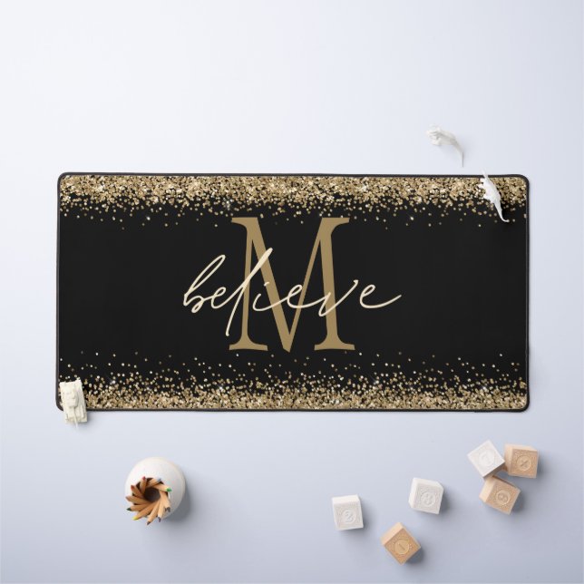 Motivational Believe Monogram Gold Glitter Black  Desk Mat (Kids Table)
