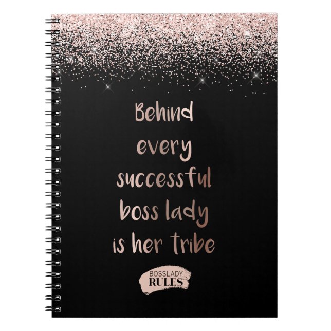 Motivational Boss Lady Rose Gold Glitter Black Notebook (Front)