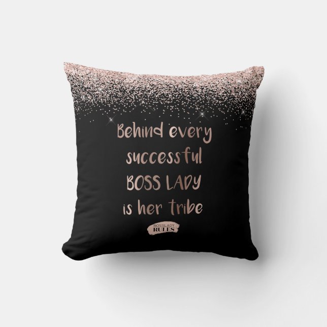Motivational Boss Lady Rose Gold Glitter Black Throw Pillow (Front)