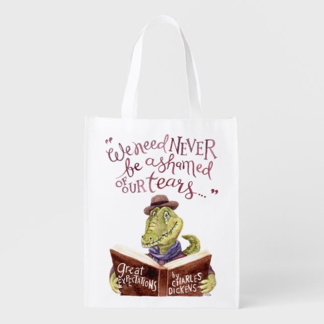 Motivational Charles Dickens Quote Watercolor Croc Reusable Grocery Bag (Front)