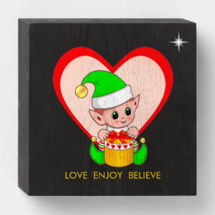 Motivational Cute Christmas Elf & Heart Wooden Box