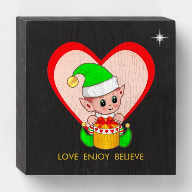Motivational Cute Christmas Elf & Heart Wooden Box (Front Horizontal)