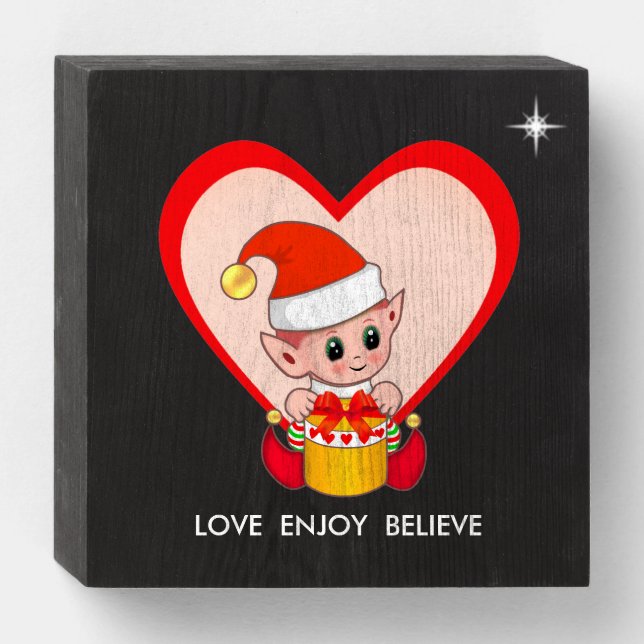 Motivational Cute Christmas Elf & Heart Wooden Box (Front Horizontal)