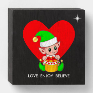 Motivational Cute Christmas Elf & Heart Wooden Box