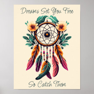 Motivational Dream Catcher Floral Watercolor Art Poster