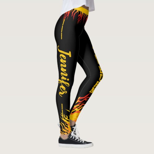 Motivational Flames with Name in Script on BLACK Leggings