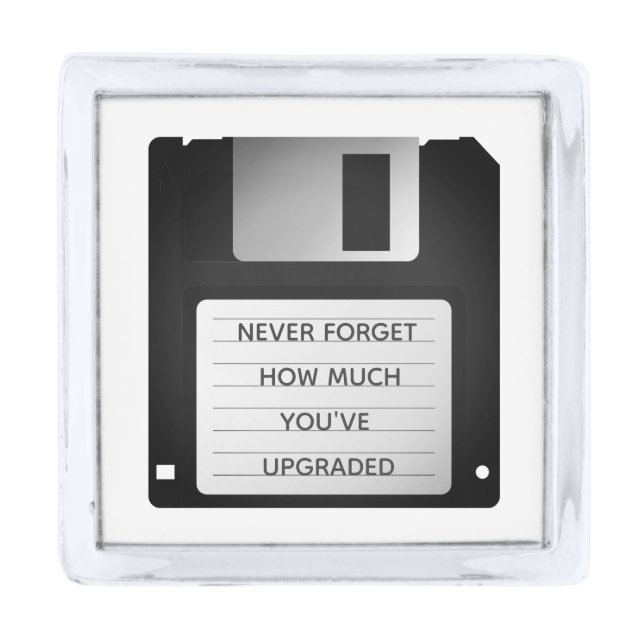 Motivational Floppy Disk Upgrade Quote Silver Finish Lapel Pin (Front)