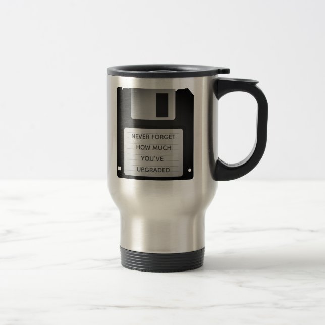 Motivational Floppy Disk Upgrade Quote Travel Mug (Right)