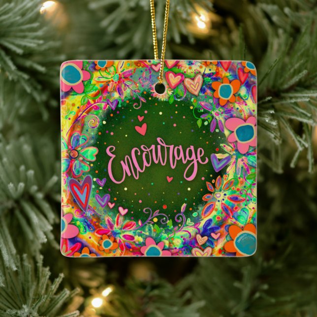Motivational Floral Colorful Pretty Encourage   Ceramic Ornament (Tree)