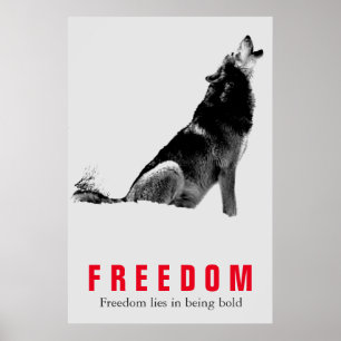 Motivational Freedom Quote Wolf Pop Art Grey Red Poster