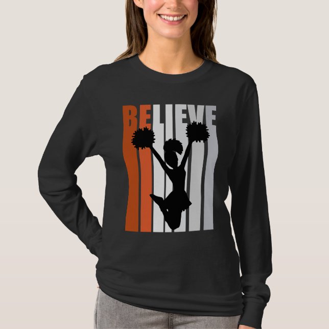 Motivational Girls Cheerleading Womens Believe Ora T-Shirt (Front)