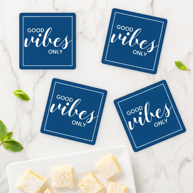 Motivational Good Vibes Only Affirmation Blue Coaster Set (In Situ)