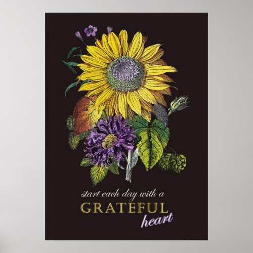 Motivational Grateful Botanical Vintage Sunflower Poster
