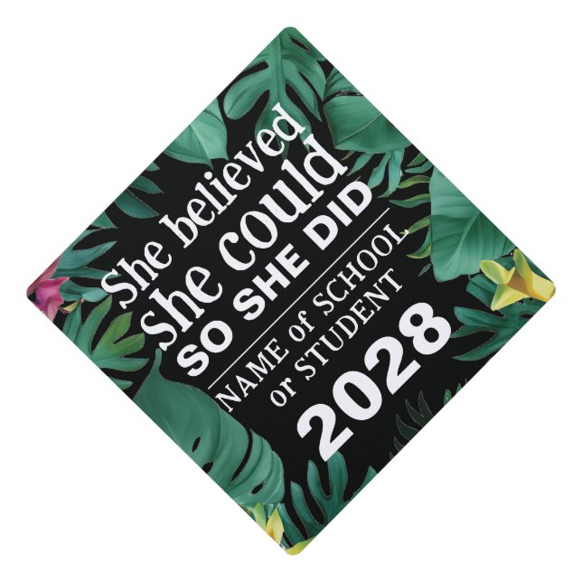 Motivational Inspiration Black Tropical Jungle Graduation Cap Topper (Front)