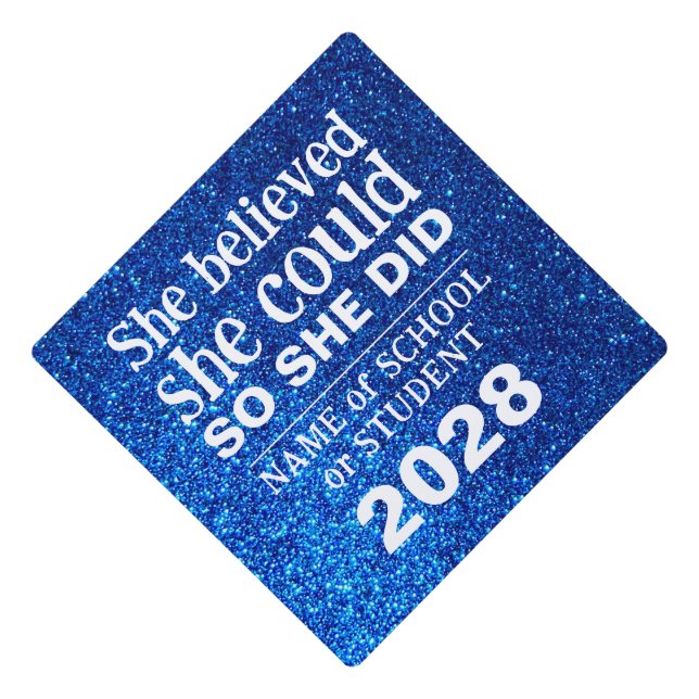 Motivational Inspiration Blue Sparkly Glitter Graduation Cap Topper (Front)