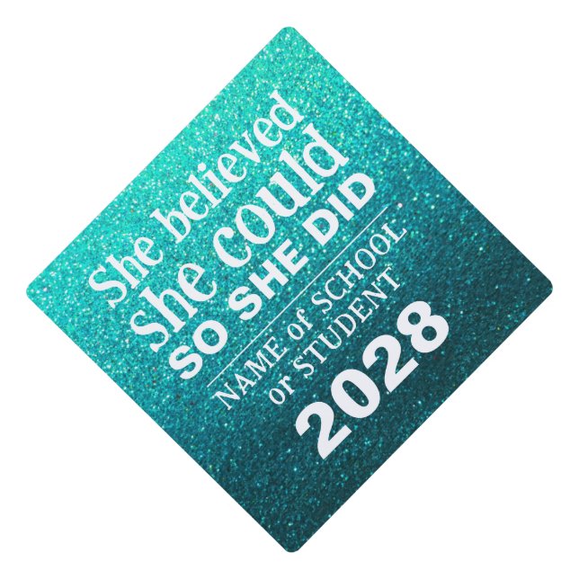 Motivational Inspiration Turquoise Blue Glitter Graduation Cap Topper (Front)