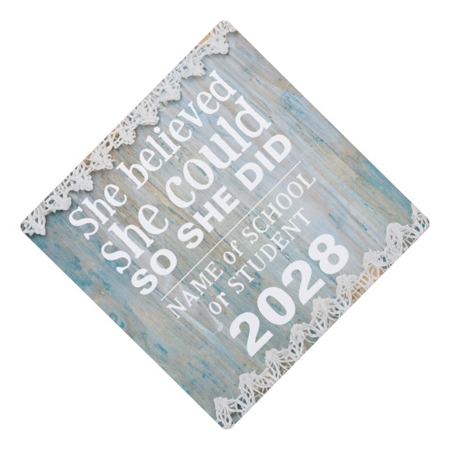 Motivational Inspiration White Lace Blue Barnwood Graduation Cap Topper (Front)