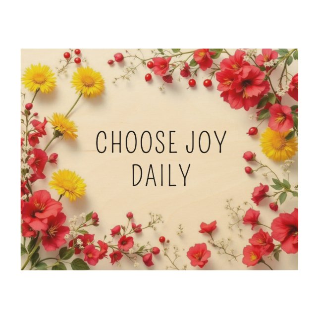 Motivational Joy Quotes Red Yellow Flowers Wood Wall Art (Front)