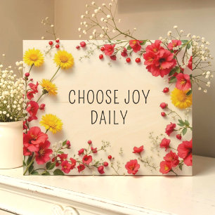 Motivational Joy Quotes Red Yellow Flowers Wood Wall Art