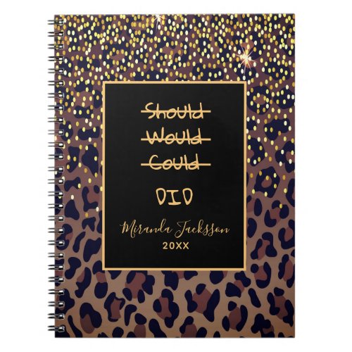 Motivational leopard pattern brown black notebook