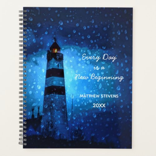 Motivational lighthouse stormy night blue 2022 planner