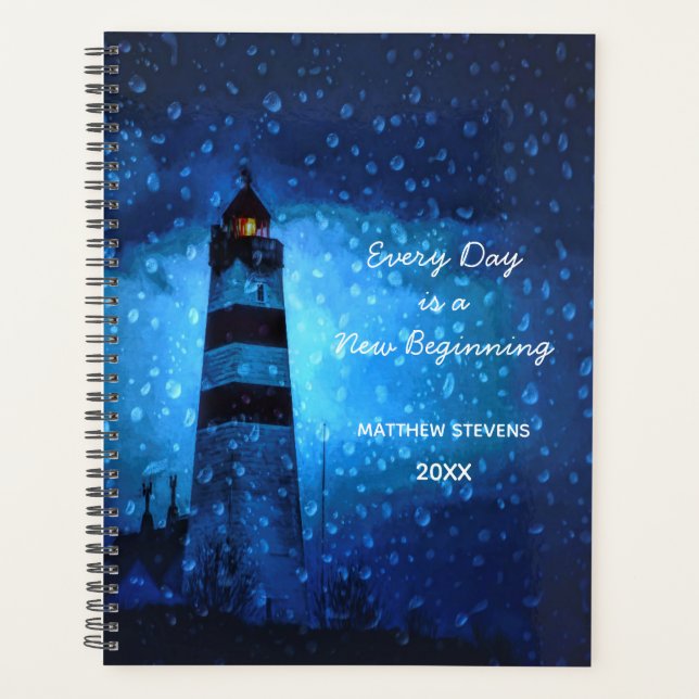 Motivational lighthouse stormy night blue 2022 planner (Front)