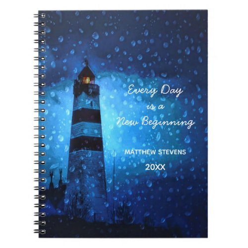 Motivational lighthouse stormy night blue rain notebook