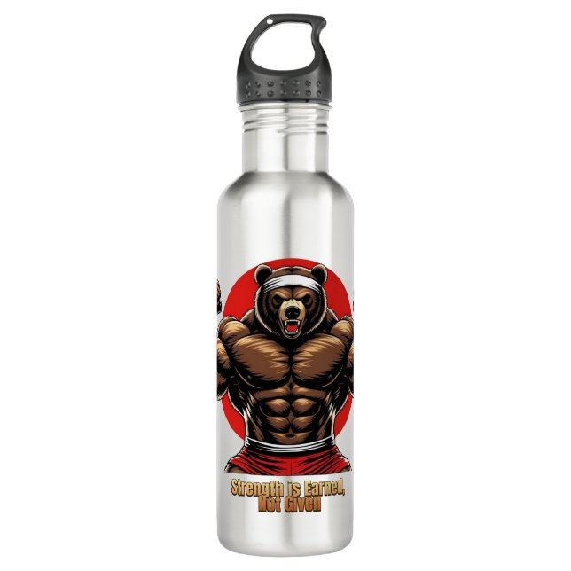 Motivational muscular bear with strong phrase stainless steel water bottle (Front)