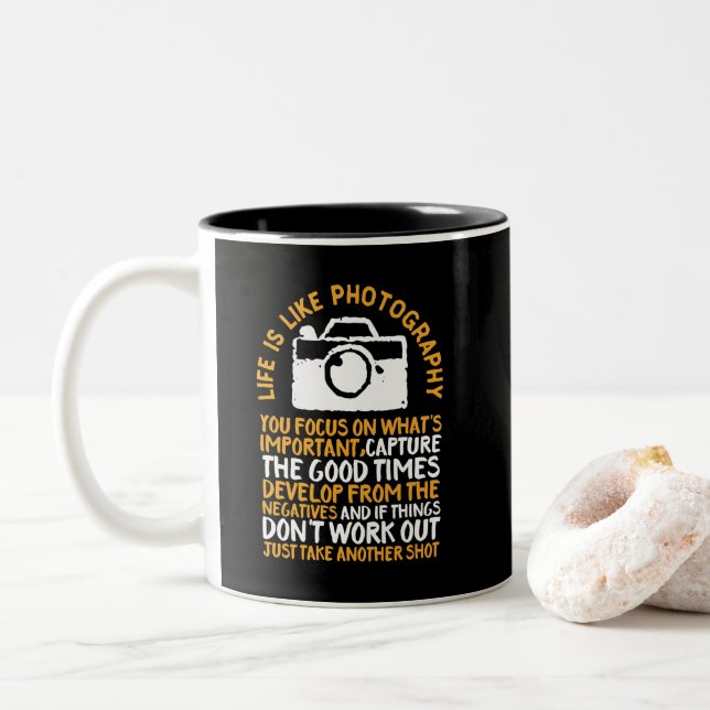 Motivational Photography Focus On What's Important Two-Tone Coffee Mug (With Donut)
