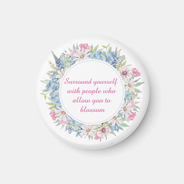 Motivational Pink White Blue Floral Wreath Magnet (Front)