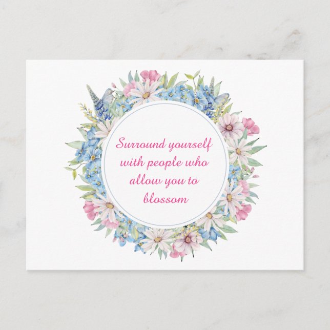 Motivational Pink White Blue Floral Wreath Postcard (Front)