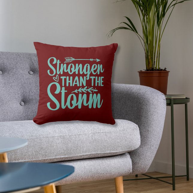 Motivational Quote Bible Verse Typography Accent  Throw Pillow (Motivational Quote Stronger Then The Storm Inspirational And Encouraging Quote Pillow)