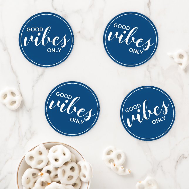 Motivational Quote Good Vibes Only Blue & White Coaster Set (In Situ)