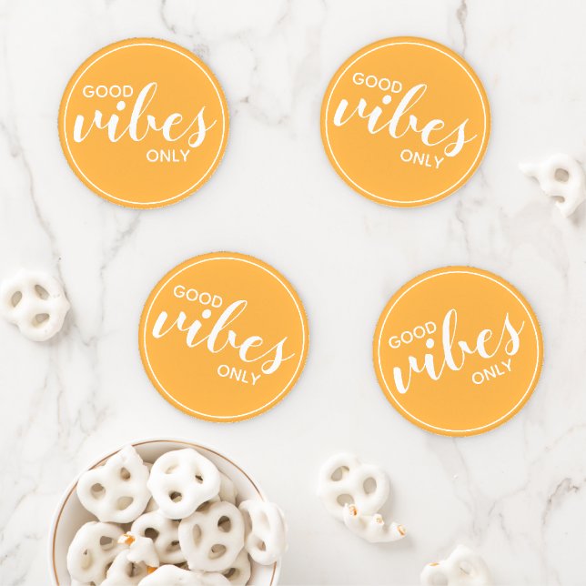 Motivational Quote Good Vibes Only Orange Coaster Set (In Situ)