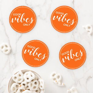 Motivational Quote Good Vibes Only Orange & White Coaster Set