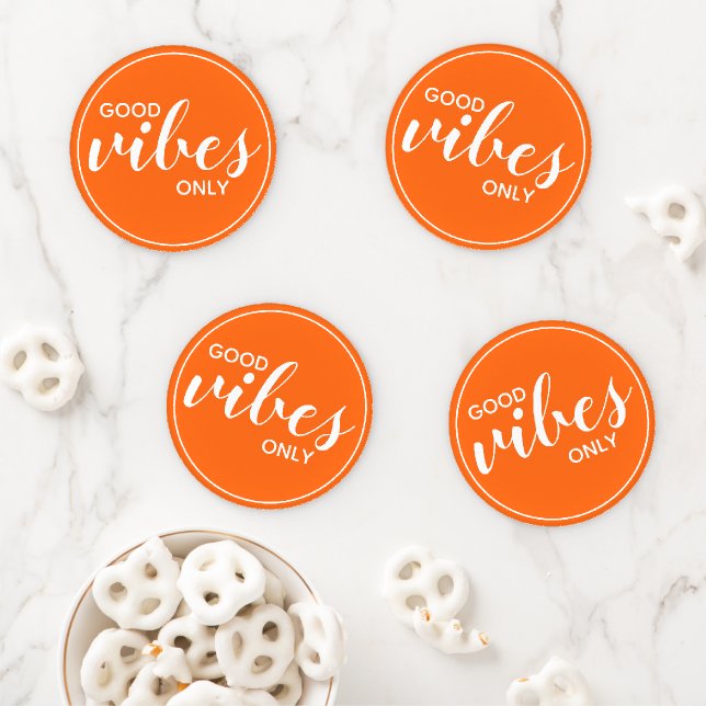 Motivational Quote Good Vibes Only Orange & White Coaster Set (In Situ)