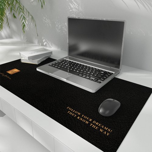 Motivational quote name personalized black leather desk mat