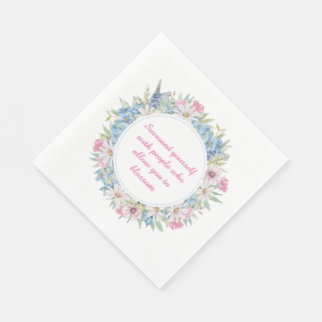 Motivational Quote Pink White Blue Floral Wreath Napkins (Corner)